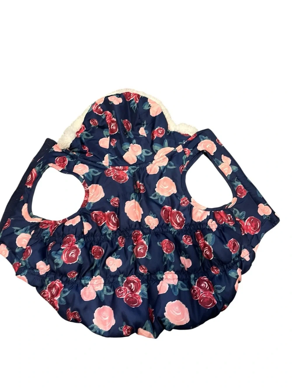 Navy Floral Puffer Dog Coat with Faux Fur Hood
